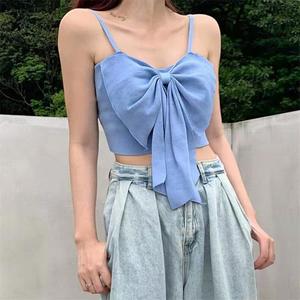 Camisola de punto para Primavera/Verano de talla única, pajarita sobre <span class=keywords><strong>Top</strong></span> corto con ombligo expuesto - Product Image 4
