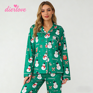 Piyama Set Dua Potong Wanita Musim Panas, Celana Panjang & Atasan Lengan Panjang, Bahan Satin, Pinggang Elastis, Bermotif Natal, Bernapas, Dengan Kantong - Product Image 5
