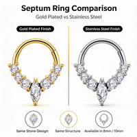 Anneau de septum clicker en zircon plaqué or, en acier inoxydable 316, segment articulé pour le nez