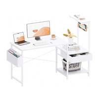 Bureau compact blanc pour le travail, l'étude et l'écriture à domicile, avec rangement latéral, étagère pour imprimante et tiroirs, idéal pour le gaming et l'ordinateur.