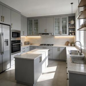 Isla de <span class=keywords><strong>Cocina</strong></span> Móvil Prefabricada Minimalista Escandinava Moderna, Removible, con Fregadero, Tablero de Melamina de Roble Blanco y Vidrio - Product Image 3