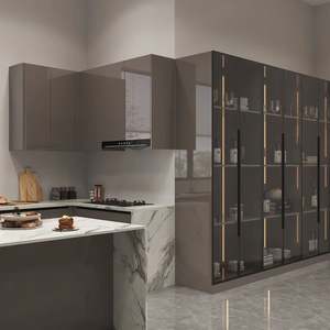 SANTOPOVA Modern L-Shaped Kitchen Cabinet Set with Dark Brown Glass Display and Golden <b>Trim</b> - Product Image 1