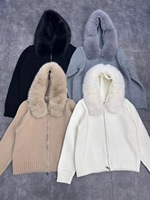 2026 Cardigan long pour femme, uni, ample, à col en fourrure, à capuche, en tricot crocheté, avec fermeture éclair