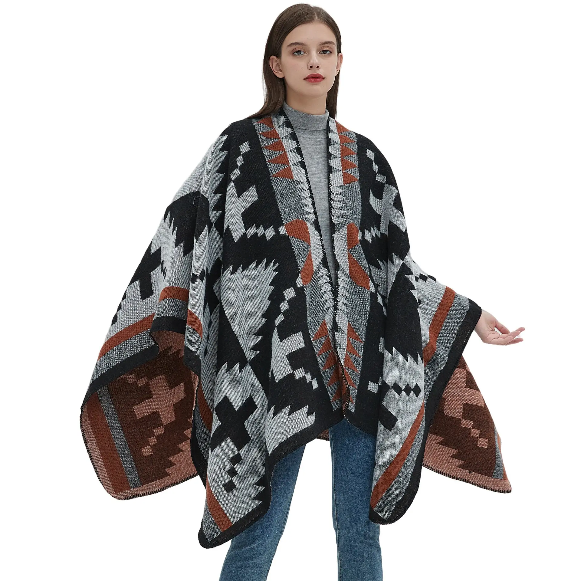 Estilo étnico bohemio Otoño Invierno espesar cálido acrílico tejido chal largo para damas Vintage patrón geométrico bufanda chales
