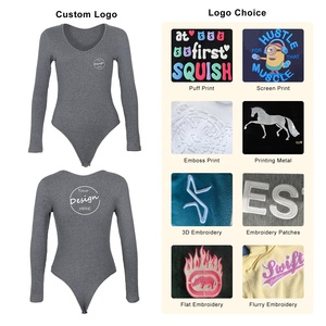 <strong>Long</strong> <strong>Sleeve</strong> <strong>Top</strong> Shirt Women Rib Bodycon Solid Color Sexy <strong>V</strong> <strong>Neck</strong> One Piece Girls Custom Embroidery Logo - Product Image 5