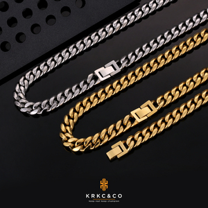 KRKC-Conjunto de cadena cubana personalizada de acero inoxidable, joyería de alta calidad chapada en oro de 14K, 10mm, Hip Hop, negro, Arco Iris, collar de eslabones cubanos - Product Image 1
