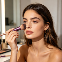 Lot de 10 pinceaux de maquillage haut de gamme violets avec manche en bois et pochette de rangement grise – Kit de pinceaux de maquillage bicolores