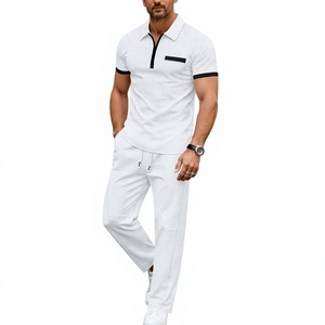 Men's Winter Solid Casual Fleece Knitted Short Sleeve Polo Shirt Set Pockets Matching Pants Breathable 180g Quick Dry Customized - Product Image 2