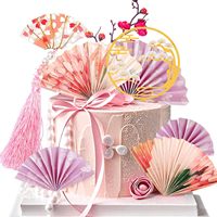 Éventail pliant rouge en acier inoxydable motif fleur de prunier, ensemble de 9 pièces de style traditionnel, ornement festif vintage à insérer pour gâteau d'anniversaire