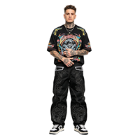 Jeans vintage Y2K Hip Hop Baroque avec broderie de crâne, denim noir ample et droit, 100% coton, haute qualité, pour hommes et femmes