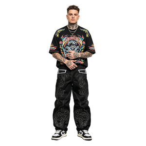Vaqueros holgados de mezclilla negros con bordado de calavera barroca de alta calidad para hombre y mujer - Product Image 1