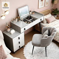 HarmTai Coiffeuse moderne en bois blanc en forme de L, sur mesure, avec éclairage LED, 3 tiroirs, taille et panneau personnalisables pour chambre à coucher