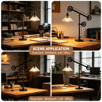 Lampe de table industrielle à bras articulé en métal noir, lampe de bureau réglable avec contrepoids, abat-jour en verre nervuré transparent pour l'étude