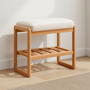 Banco de Entrada Escandinavo de Madera Maciza con Asiento Tapizado y Estante Abierto para Zapatos, Mueble de Almacenamiento Contemporáneo para Hogares Modernos - Product Image 1