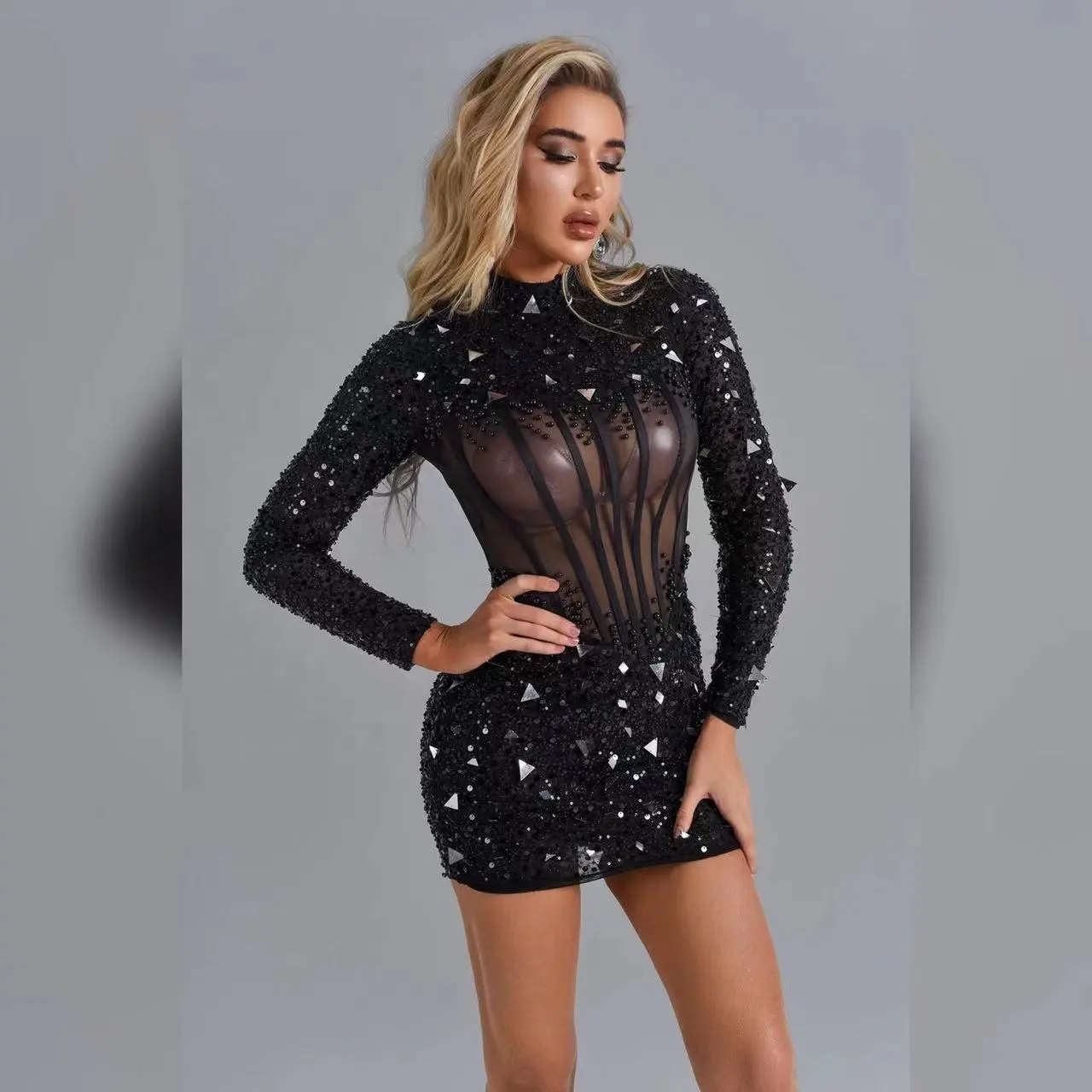 H1221 noir paillettes Sexy robe de soirée femmes 2024 nouveau luxe perlé maille voir à travers fête robes de soirée mode Mini tenues