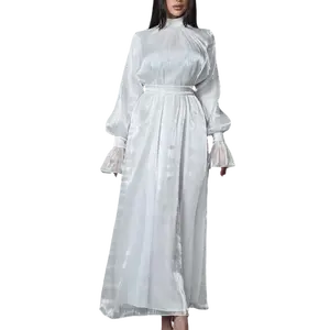 New Glossy Silk Dress Half Stand Collar Bubble Sleeves High Waist Chiffon European American Muslim Evening Long Dress
