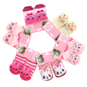 wholesale lovely cartoon non slip cotton infant baby socks with animal head rattle