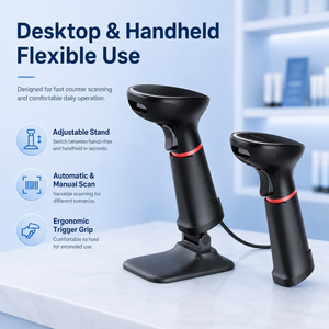 เครื่องสแกนบาร์โค้ด 2D แบบมือถือ แบบมีสาย USB สีดำ เครื่องสแกนสำหรับการชำระเงินในร้านค้าปลีก พร้อมขาตั้งปรับระดับได้ - Product Image 3