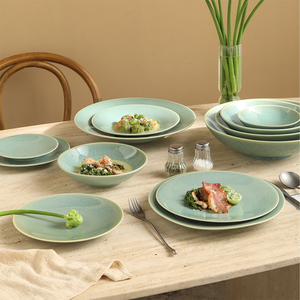Juego de Vajilla de Cerámica Lisa en Verde Claro con <span class=keywords><strong>Pintura</strong></span> Subesmalte, Plato Hondo, Platos Planos, Plato Redondo, Estilo Minimalista - Product Image 2