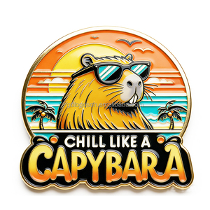 Aimant de réfrigérateur en émail « Chill Like a Capybara » avec design rétro coucher de soleil sur la plage – Aimant métallique souvenir animal mignon Capybara en gros - Product Image 1