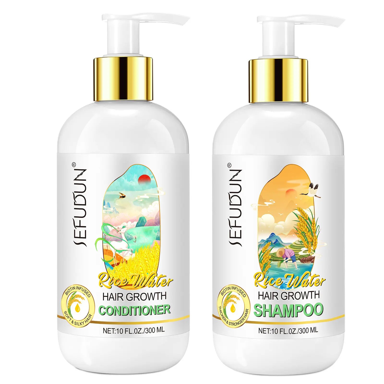 SEFUDUN Private Label Proveedores al por mayor Natural Orgánico Arroz Agua Champú y acondicionador Set para el crecimiento del cabello