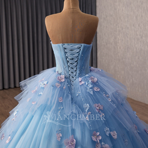 251123 Magnifiques robes de soirée bleues pour femmes, avec fleurs appliquées, style Sweetheart - Product Image 5
