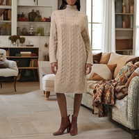 Robe pull décontractée en maille torsadée pour femme, manches longues, col roulé, longueur midi, taille empire, personnalisable, style ample automne, vente en gros