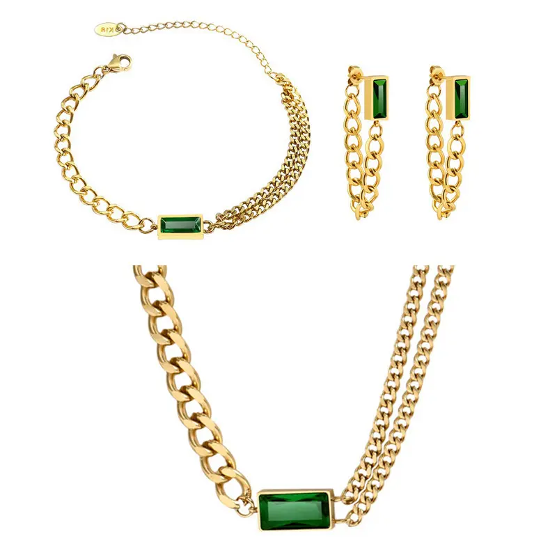 2022 Retro Emerald Zircon Double Chain Necklace Set Double Chain Stacked Retro Small Square Necklace and Bracelet