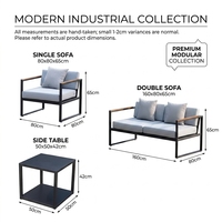 Table basse carrée moderne antirouille avec cadre en aluminium noir, personnalisable pour terrasse, accoudoirs en bois de teck, coussin épais, durable