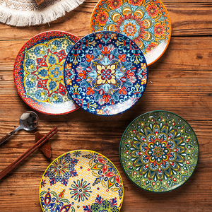 Assiette à steak/pâtes/soupe en céramique de style marocain et bohème, vaisselle ronde, service de table, assiette et bol avec peinture sous glaçure - Product Image 2