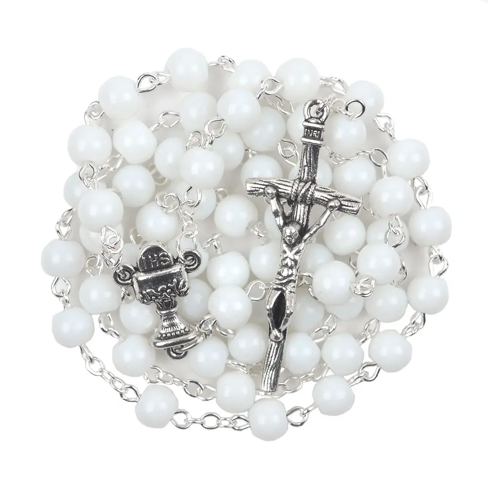 첫 번째 친교 중심 6mm 흰색 유리 구슬 종교 목걸이 여성 체인 묵주