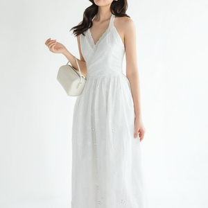 Robe midi décontractée sans manches en coton tissé blanc à col licou et dentelle, coupe trapèze, printemps-automne, personnalisable OEM ODM - Product Image 4