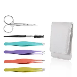 Private Label Stainless Steel Tweezers Eyebrow Clip Set With Brush And Scissors