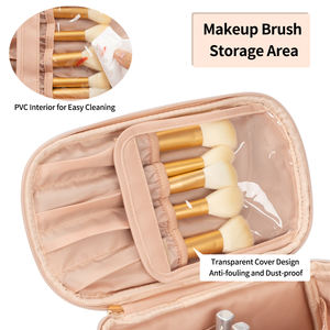 Sac de maquillage en nylon or rose personnalisé avec fermeture éclair, poignée souple, design en U pour les pinceaux de maquillage - Grande capacité pour les voyages - Product Image 2