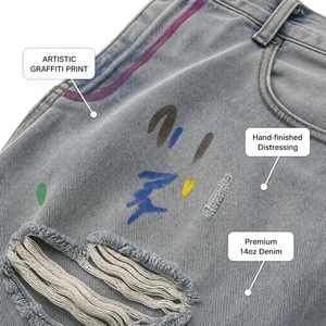 Vaqueros anchos de mezclilla para hombre, estilo Y2K, con efecto desgastado y rotos, pintados a mano, de tiro medio, holgados, estilo hip hop, ligeros, de algodón lavado para otoño. - Product Image 2