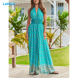 Mono de algodón con cuello en V y logotipo personalizado, traje de lino de pierna ancha con cuello Halter - Product Image 6