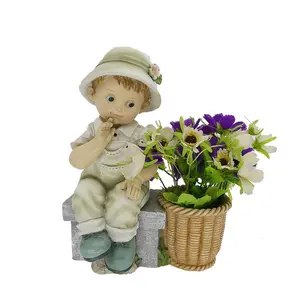 Figure sculpture resin garden ornaments for boys and girls with flower pots outdoor garden landscape decoration