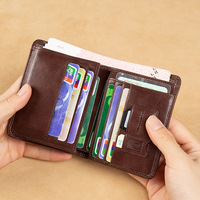 Dompet Pendek Blok RFID untuk Pria, Dompet Pendek Kulit Sapi Asli Ramping Pria, Pemegang Kartu Lipat Tiga