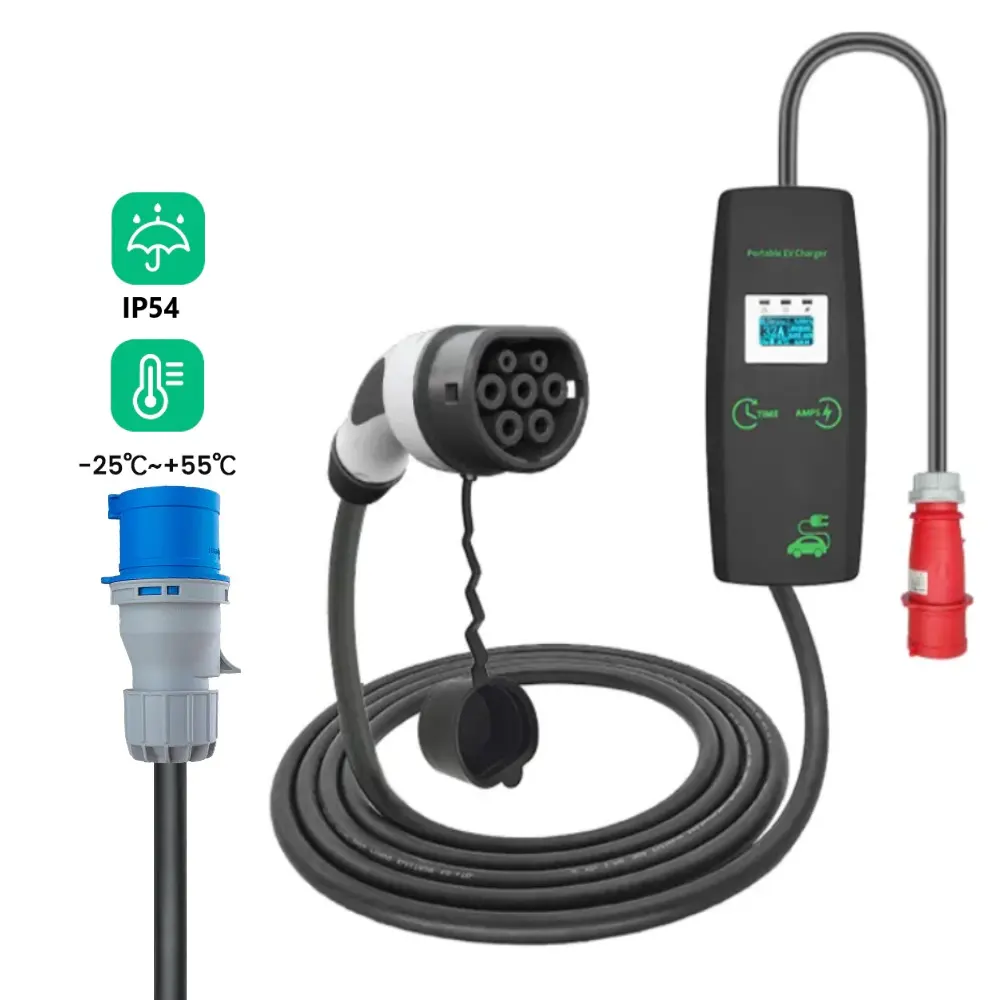 Chargeur de voiture AC rapide 3 phases pour véhicule électrique écran LCD câble IEC 62196 EU 16a 32a Portable EV voiture pour Tesla Byd