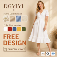 Robe Midi en Coton 220 GSM Col V Manches Bouffantes pour Femme, Robe de Thé à Ourlet Volanté, Décontractée d'Été, Personnalisable avec Logo OEM, Vente en Gros