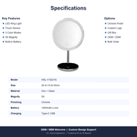 Miroir de table LED 8 pouces avec grossissement 5X, variateur tactile, lumière à mémoire 3 couleurs, rechargeable Type-C 1000 mAh, miroir chromé