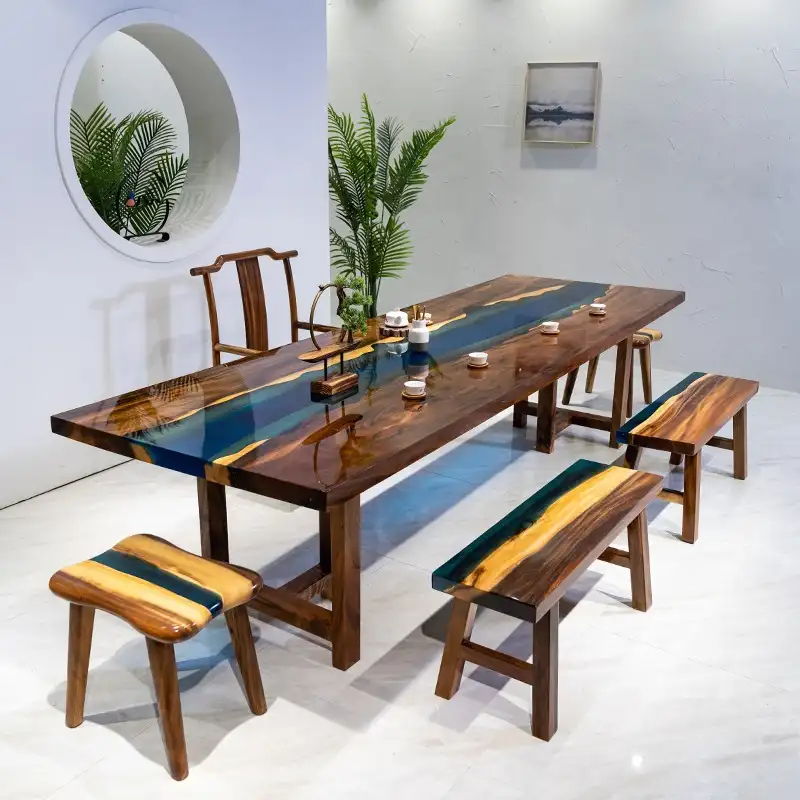 Wooden And Bench Chair Set Resin 6 Seater Epoxy Sea Design Dining Table