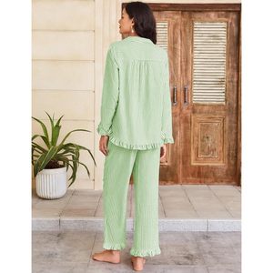 FOXA Womens Striped Pajama Set 2 Piece Cotton Button <b>Down</b> Top Straight Leg <b>Pants</b> With Pockets Sleepwear - Product Image 6