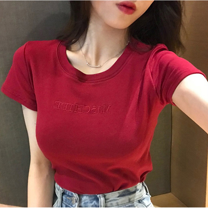Short-sleeve Cropped T-shirt for Women, Summer Round Neck, Slim-fitting, Fashionable and Versatile Top