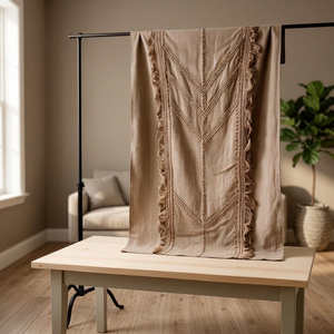 Rustic Bohemian Linen Throw Curtain Abstract Geometric Pattern Handstitched Fringe Home Decor Lightweight Woven Style - Product Image 2