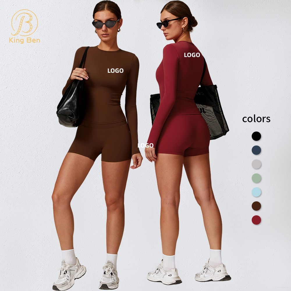 Women's 2PCS Active Wear Set Breathable Yoga Top & High Waist Cycling Shorts XS Size Long Sleeve Stretchy Fitness Running Pants