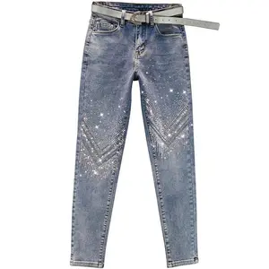 Diamond pants with belt skinny 2024 fashion style factory wholesale woman's denim