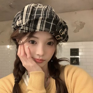 Plaid Cloud <b>Beret</b> For Women Japanese Style Octagonal Hat Artistic Retro Cotton Flannel Spring Autumn Face Slimming - Product Image 2