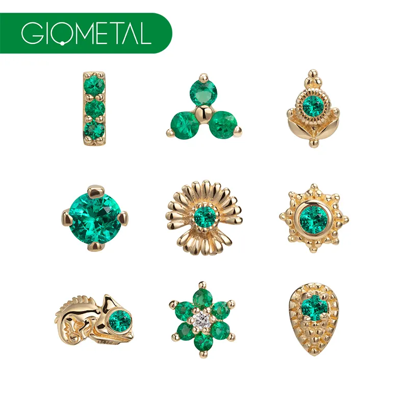 Giometal Luxury Piercing Jewelry 18KT Solid Gold 25g Chameleon Marquise Flower Crescent Nose Threadless Ends With Emerald