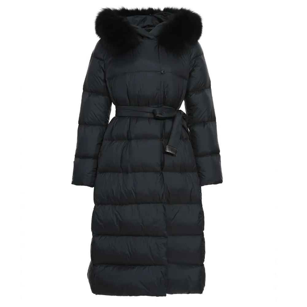 À prova de vento Quente Macio Estilo Fino Feather Down Puffer Coat Hoodie Luxo Real Fur Collar Logotipo Personalizado Inverno Mulheres Long Down Coat